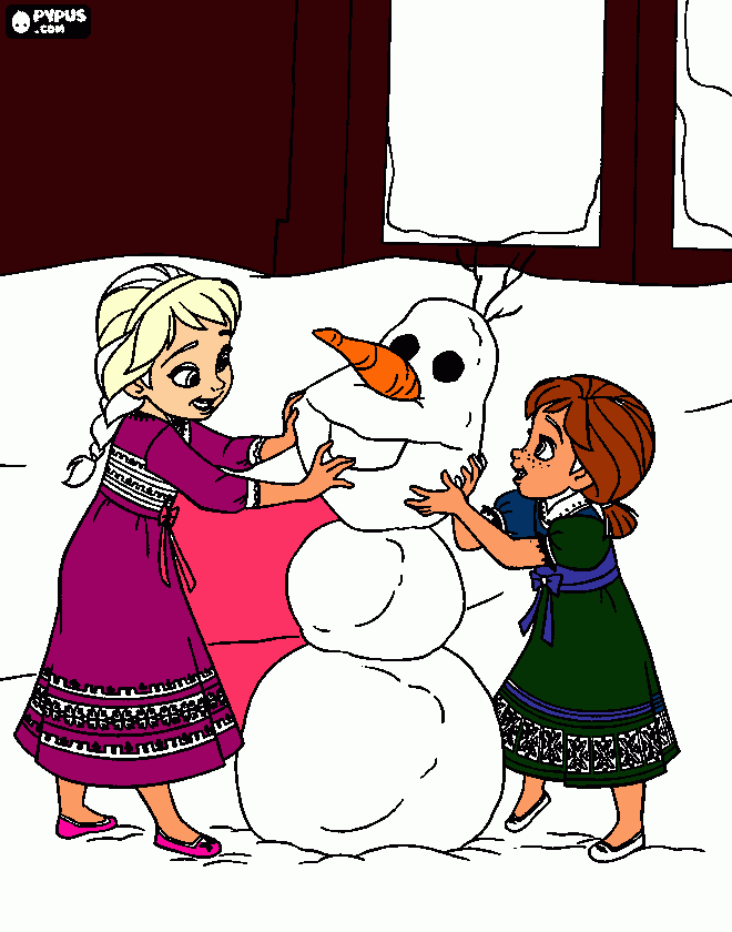 iki kız elsa ve anna olaf ı yaparken boyama