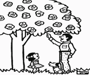 Baba, kızını ve çiçekli ağaç boyama