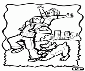 Baba, oğul ve parkta köpek boyama