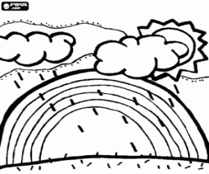 Güneş, bulutlar, yağmur ve gökkuşağı boyama