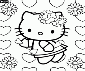 Hello Kitty çiçekler ve kalpleri arasında boyama