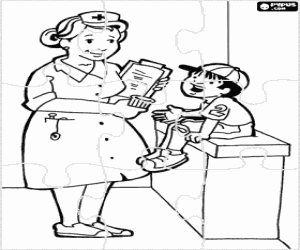 Hemşire ve çocuğun yapboz boyama