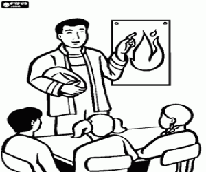 Bir itfaiyeci okul çocukları ile boyama