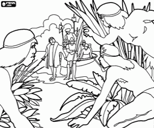 Kristof Kolomb kahvaltıdan tekneden iniş boyama