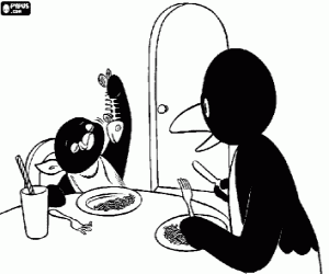 Pingu lezzetli bir balık yiyor boyama