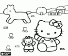 Bir at ve arka planda bir çiftlik ile alanında Hello Kitty