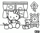 Onu Teddy Bear Tiny Chum ile pencere önünde bir fincan Hello Kitty içme