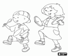 Caillou ve arkadaşı Sara kaplar ile müzik yapma oynayan