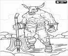 Yapboz Minotaur - Puzzle Dev canavar silahlı bir savaşçı olarak insan vücudu ve boğa başı ile