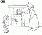Hansel ve Gretel puzzle. Cadı onu yemek için bir kafes içinde kilitli Hansel ve Gretel evde çalışmak için