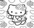 Hello Kitty çiçekler ve kalpleri arasında