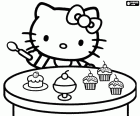 Hello Kitty elinde bazı lezzetli Top kek yemeye hazır bir kaşıkla. Hello Kitty tatlılar seviyor, o çok açgözlü