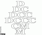 Roma rakamlarını 500 D, altı yüz DC, yedi yüz DCC, sekiz yüz DCCC, dokuz yüz CM ve bin M ile didaktik bir levha