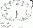 5:30 ila 17:30, bir saat beş buçuk sabah ya da öğleden sonra beş saat ve otuz dakika, saat öğrenmek için bir boyama sayfası geçmiş olduğunu