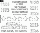 Michael Schumacher'in başarılı Formula 1 pilotu kariyerinin rakamları. 1994 ve 1995 sezonlarında Benetton yarış takımıyla ilk iki şampiyonluk. Diğer beş şampiyonluk 2000-2004 yılları arasında Ferrari yarış takımında art arda kazanıldı.