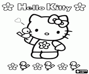 Çiçekler ve kuşlar ile Hello Kitty boyama
